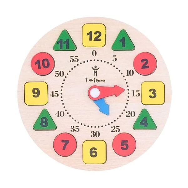 Tantrums Wooden Learning Clock – Montessori Educational Toy for Kids | Time Teaching, Shape & Color Sorting, Number Block Puzzle