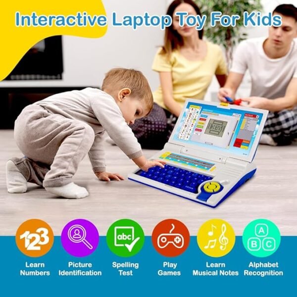 Gooyo GY-1101 English Learner Kids Educational Laptop Toy – 20 Learning Activities, Dual Power (USB & Battery), Blue & White - Image 2