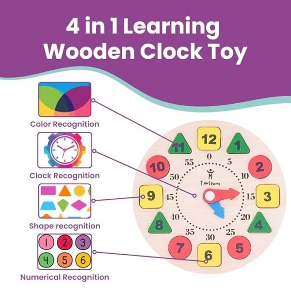 Tantrums Wooden Learning Clock – Montessori Educational Toy for Kids | Time Teaching, Shape & Color Sorting, Number Block Puzzle - Image 2