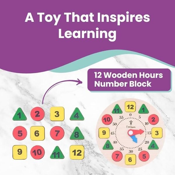 Tantrums Wooden Learning Clock – Montessori Educational Toy for Kids | Time Teaching, Shape & Color Sorting, Number Block Puzzle - Image 4