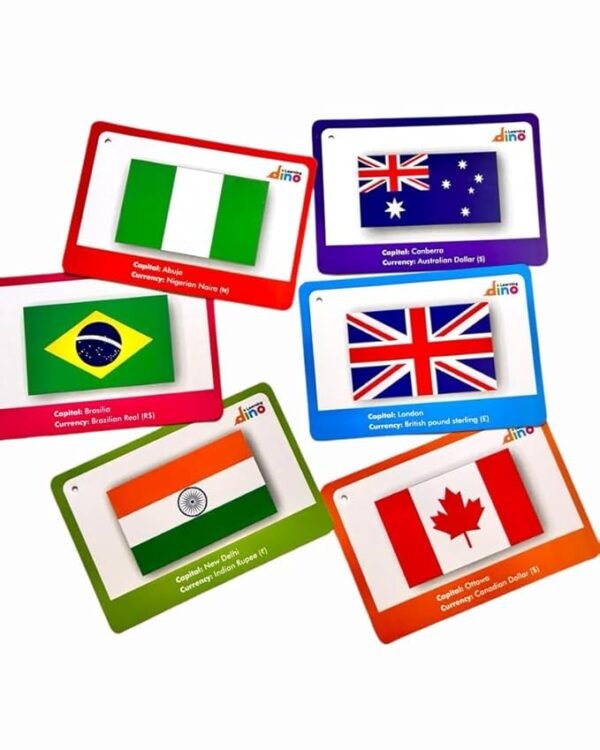 Learning Dino World Countries Flashcards – Fun & Educational Flag Cards for Kids | 50 Countries with Capitals, Continents, Languages, Currency, Population & More