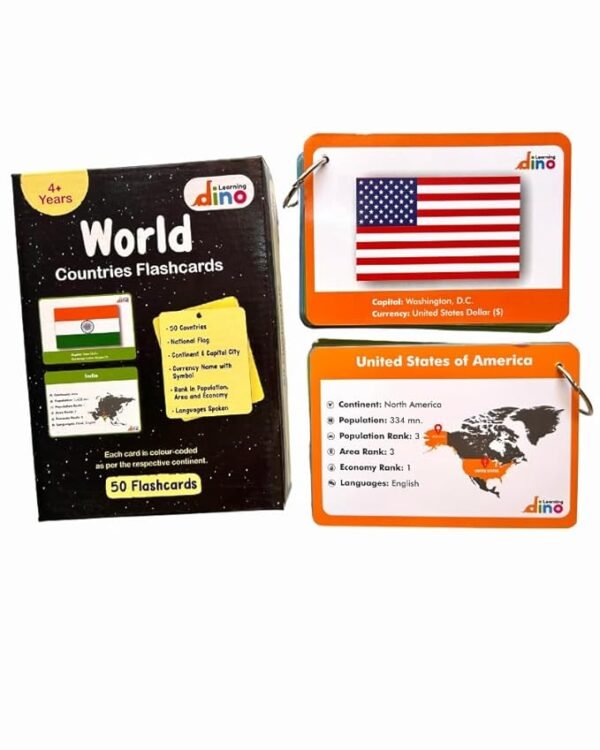 Learning Dino World Countries Flashcards – Fun & Educational Flag Cards for Kids | 50 Countries with Capitals, Continents, Languages, Currency, Population & More - Image 5