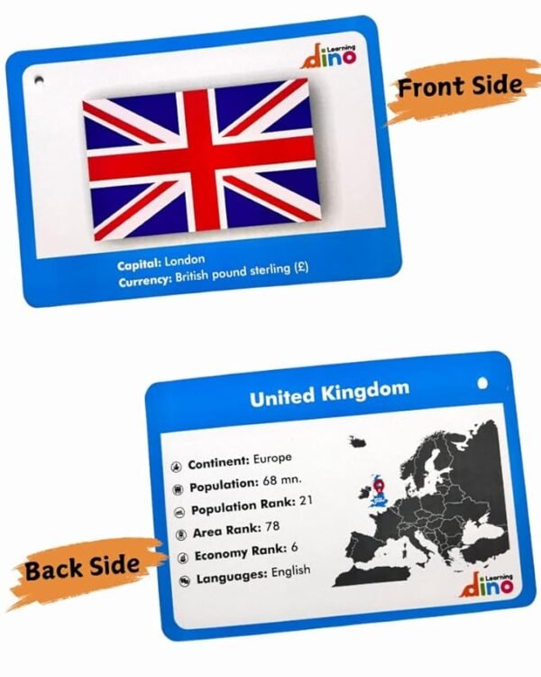 Learning Dino World Countries Flashcards – Fun & Educational Flag Cards for Kids | 50 Countries with Capitals, Continents, Languages, Currency, Population & More - Image 4