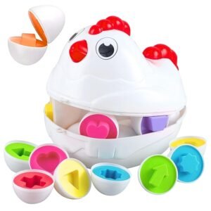 Kids First Step Shape Matching Eggs – Fun & Educational Activity Toy for Babies and Toddlers | 12 Colorful Eggs with Shapes | Pull-Along Hen Toy on Wheels for Preschool Learning & Play