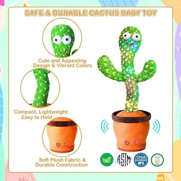 AB TOY WORLD Dancing Cactus Toy – Plush Singing & Talking Cactus That Repeats What You Say | Fun LED Light-Up Toy with Voice Recording | Perfect Educational Gift for Babies & Toddlers - Image 2