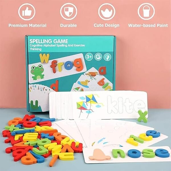 WISHKEY Wooden Spelling Game for Kids – Fun & Safe Word-Building Toy with Flash Cards and Letters | Early Learning Educational Gift for Boys & Girls Ages 3+ | Multicolor, Non-Toxic (Pack of 1) - Image 5