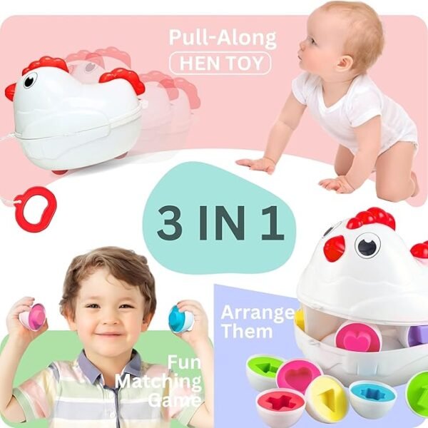 Kids First Step Shape Matching Eggs – Fun & Educational Activity Toy for Babies and Toddlers | 12 Colorful Eggs with Shapes | Pull-Along Hen Toy on Wheels for Preschool Learning & Play - Image 4