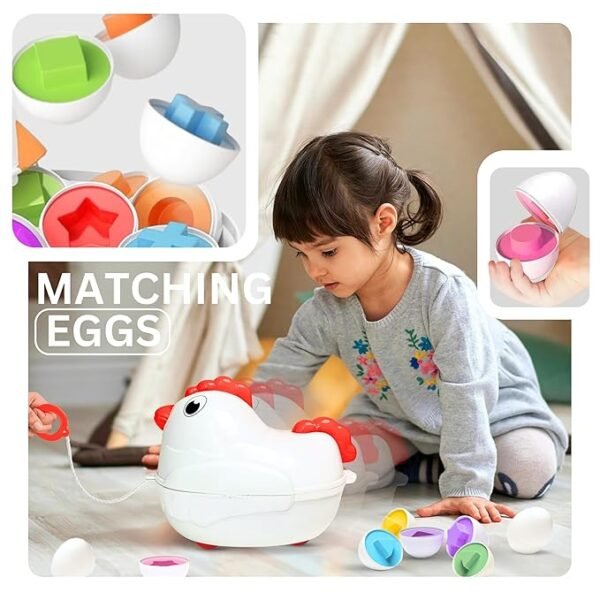 Kids First Step Shape Matching Eggs – Fun & Educational Activity Toy for Babies and Toddlers | 12 Colorful Eggs with Shapes | Pull-Along Hen Toy on Wheels for Preschool Learning & Play - Image 5