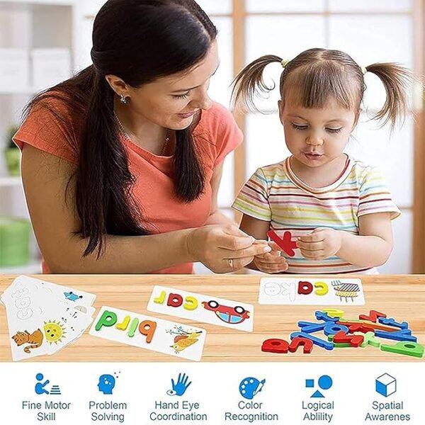 WISHKEY Wooden Spelling Game for Kids – Fun & Safe Word-Building Toy with Flash Cards and Letters | Early Learning Educational Gift for Boys & Girls Ages 3+ | Multicolor, Non-Toxic (Pack of 1) - Image 4