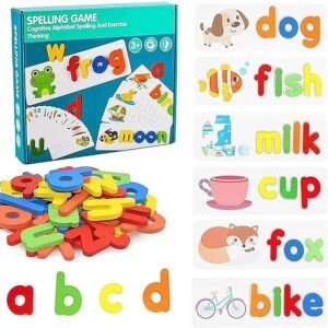 WISHKEY Wooden Spelling Game for Kids – Fun & Safe Word-Building Toy with Flash Cards and Letters | Early Learning Educational Gift for Boys & Girls Ages 3+ | Multicolor, Non-Toxic (Pack of 1)