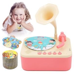 Kids Gramophone with 96 Learning Cards, Kids Record Player, Storytelling Machine for Kids, Kids Music Player, Phonograph Toy for Kids Ages 2+