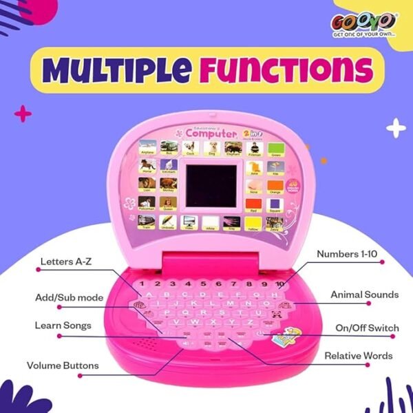 Gooyo 2011A Battery Operated Educational Learning Laptop Toy with LED Display and Music Effect | Babies/Girls/Boys/Toddlers | Pink Color, Power Source: 3xAA Battery (Not Included) - Image 2