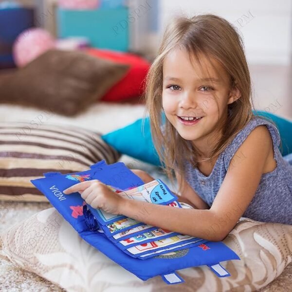 PDSPM Learning Cushion Pillow Book for Kids with 2 Languages Learn - English and Hindi, Activity Play, Soft Cloth Book Baby Pillow Toys,(Cushion Blue) - Image 5